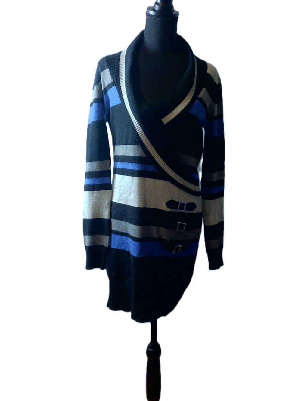 SAYWHAT? Striped Cross-Front Sweater Dress / Tunic with Buckle Details - Blue, B